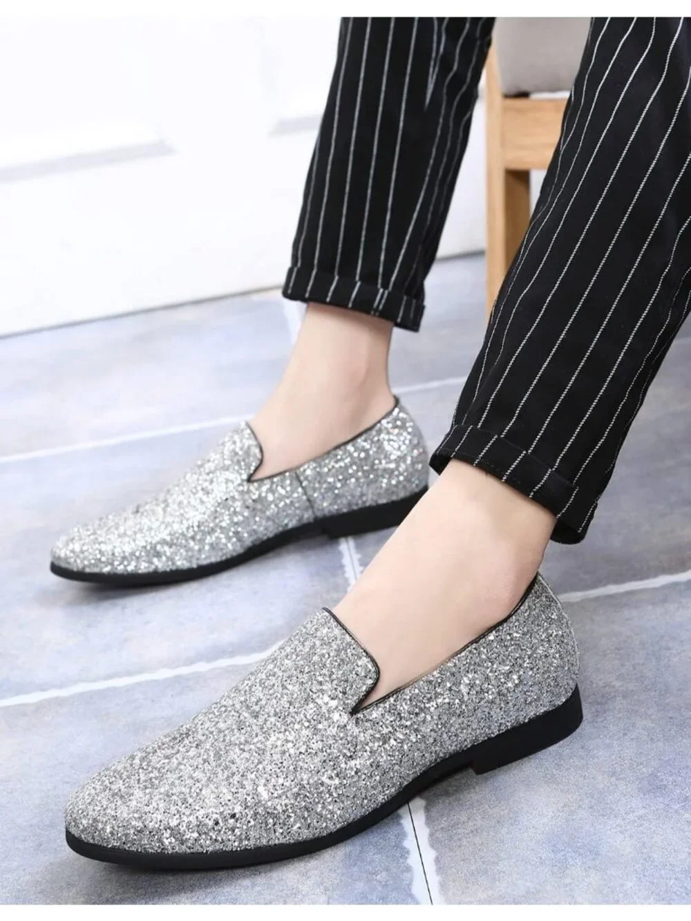 Men's Silver Leather Glitter Sparkly Loafers Slip On Tuxedo Formal Events Shoes